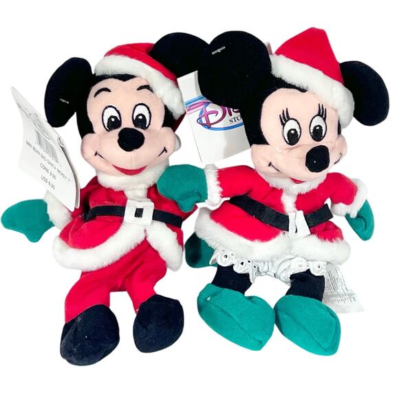 Mickey & Minnie Mouse Santa Claus Bean Bag Plush Disney Store Set New with Tags - Picture 1 of 9